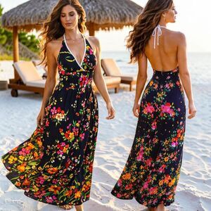 Vtg 90s Sea Lure Halter Empire Waist Y2K Maxi Dress 11/12 Navy Tropical Floral